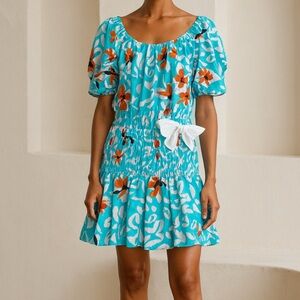 Tanya Taylor Gwen Floral Smocked Mini Dress in Vibrant Sky Blue